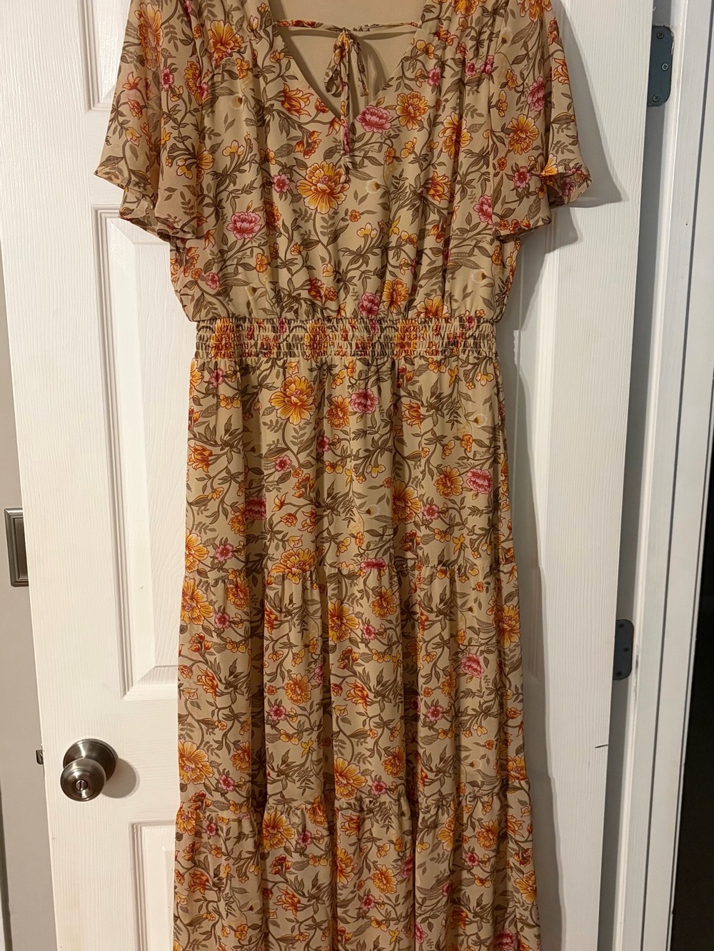 Luxology Beige Floral Tie-Back Maxi Dress with Yellow & Pink Blooms